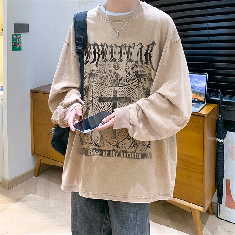 抖音供货、秋季现货水洗棉宽松版重磅长袖T恤D223A-ST231-特P38,男装T恤,电商019-1