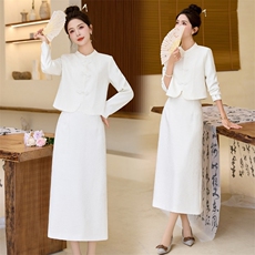 Scentof90s法式复古呼吸亚麻方领无袖马甲半裙两件套装，女装套装/套裙，布芭啦