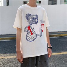 港风新款小熊印花T恤男夏季韩版百搭短袖休闲纯棉中袖T122P35控49,男装T恤,电商A089-1