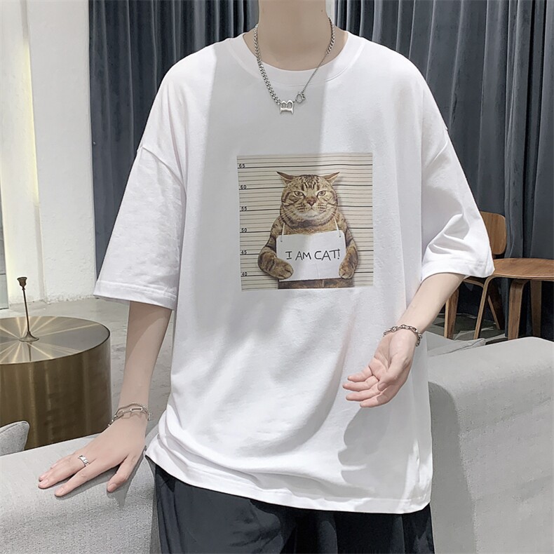 韩系素简卡通猫印花短袖T恤百搭大码宽松男潮517A-1-T916-P28控38,男装T恤,星座517A-1