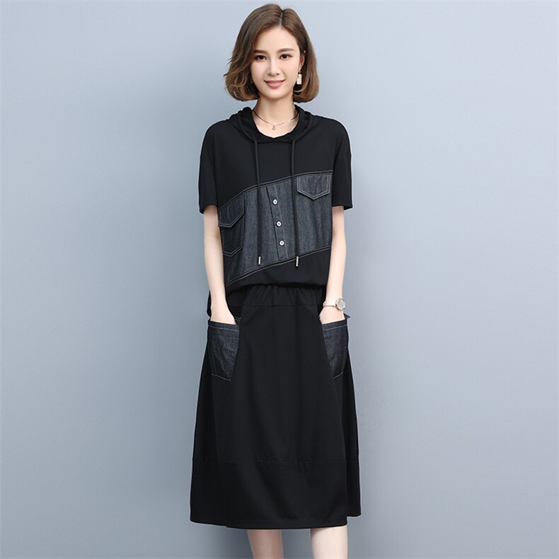 2021夏季新款简约气质减龄时尚连帽松紧腰休闲舒适两件套裙,女装连衣裙,丽影随形