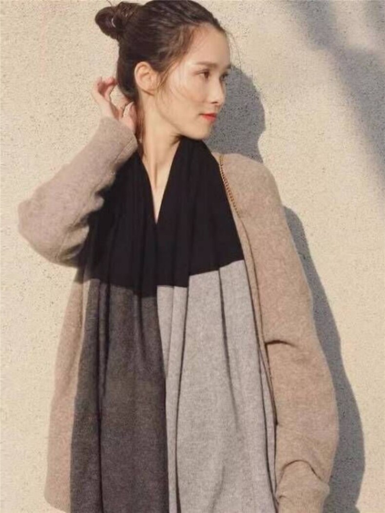 35%羊绒围巾女2024新款冬季拼色保暖针织镂空披肩,饰品围巾,丽特绒