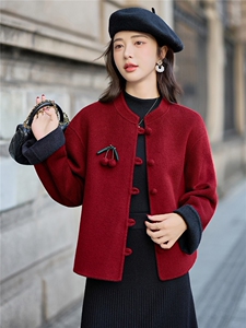 甜美气质撞色毛呢外套女短款2025秋冬新款洋气减龄双面羊毛呢大衣图片