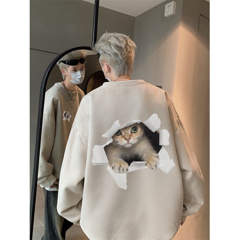 抖音得物高品质猫咪印花麂皮绒宽松圆领卫衣wyjp5002-特p35控69图片