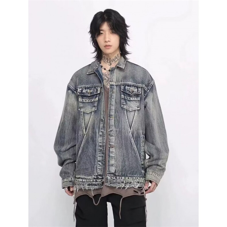 W10561-P78网图现货美式复古水洗毛边垫肩牛仔夹克外套高品质,男装工装外套,星座1608