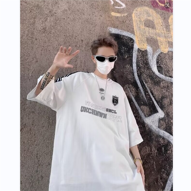 潮牌拼接夏短袖男美式三条杠拼接情侣tee恤中性运动t恤ST303-P37,男装T恤,星座412-3