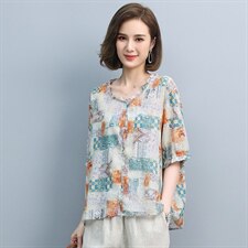 2021夏季新款时尚气质花边领宽松休闲舒适花色上衣，女装T恤，悦见她