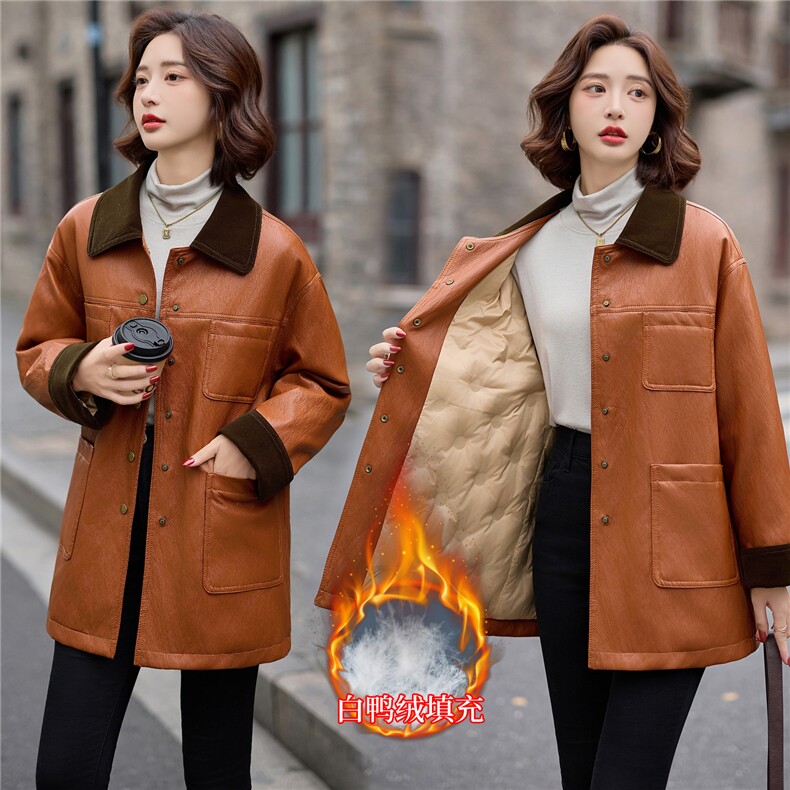 欧版宽松显瘦中长款羽绒皮衣女冬季款设计感口袋PU皮白鸭绒羽绒服，女装皮衣，潮流依族