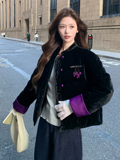 现货！（90新标带检）丝绒料新中式短款立领加厚保暖气质羽绒服女，女装羽绒服，水衣源