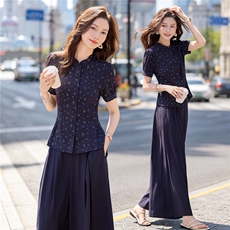 碎花小立领收腰小衫配阔腿裤时尚清新田园风两件套，女装套装/套裙，水衣源