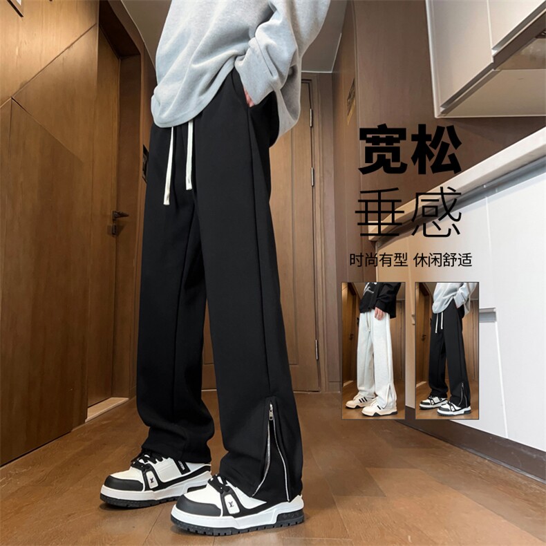 美式复古运动卫裤男春季2025新款潮流拉链宽松大码垂坠感阔腿裤子图片
