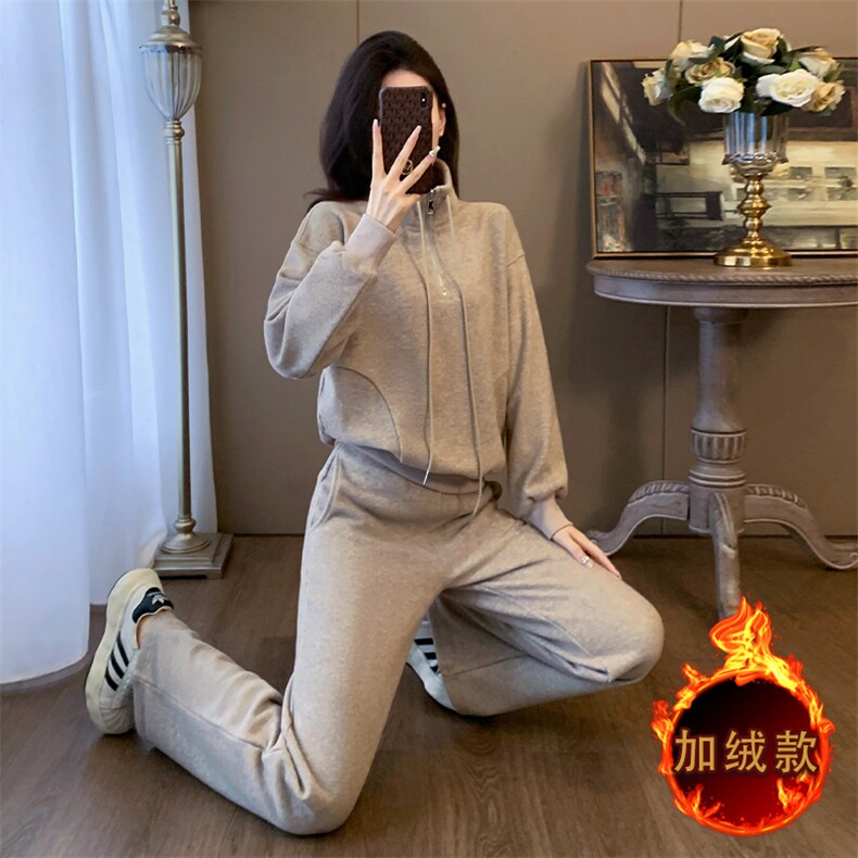 女冬季加绒新款洋气立领卫衣阔腿裤两件套,女装套装/套裙,江南
