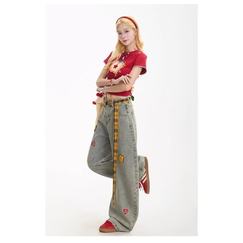 美式复古格纹腰带卡通刺绣牛仔裤女2025秋季新款宽松阔腿拖地裤子,男装牛仔裤,星座813-2