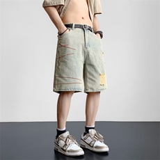 破洞牛仔裤男夏季设计感痞帅宽松五分裤美式牛仔裤P40，男装牛仔裤，星座1116-2