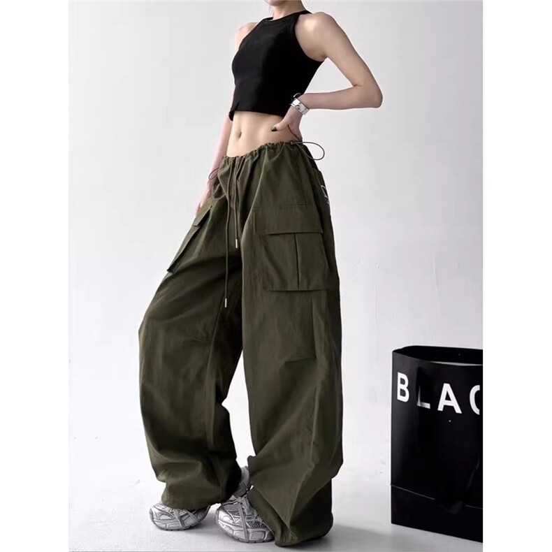 美式工装阔腿裤女2025新款夏季抽绳高腰印花设计感拖地长裤潮,男装工装外套,星座1210-1