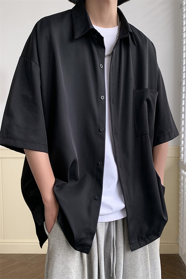 短袖衬衫文艺青年男夏季新款港风宽松冰丝坠感衬衣CS8805-35,男装衬衫,星座214-3