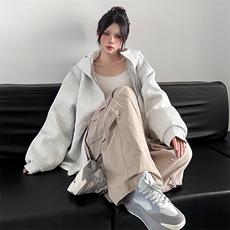 抖音得物高品质26春装美式高街重磅宽松结构高领连帽卫衣外套W60，女装短外套，电商A486