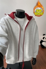 380g重磅美式复古华棉撞色连帽开衫卫衣外套男W24562J加绒-特P45，女装短外套，电商A001