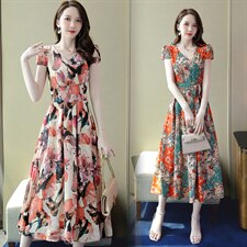 大码女装新款夏季南法花柄印花V领雪纺裙胖妹妹时尚洋气质连衣裙，女装连衣裙，罗得堡