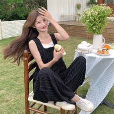 韩版时尚气质条纹背带裤女2025夏季新款法式宽松显瘦高腰阔腿长裤，女装休闲裤，2C272