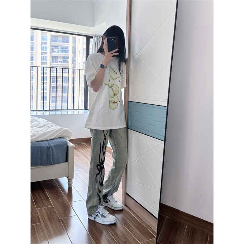 【有货】美式高街黄泥色牛仔裤男女直筒火焰残影裤子NZ05HH-特P58,男装牛仔裤,星座1007（原301D）