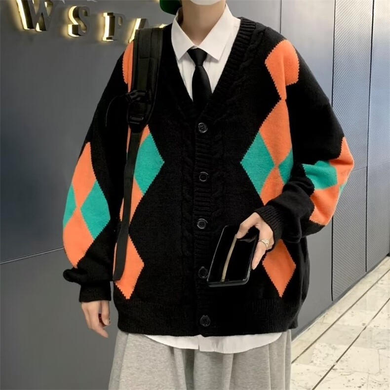 开衫毛衣男秋季高街ins港风潮流百搭菱形格子针织衫外套M602-P48,男装针织衫/毛衣,星座512-3