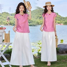 现货2026年夏季新中式上衣麻料阔腿裤子，可分开卖，女装套装/套裙，伊仟回