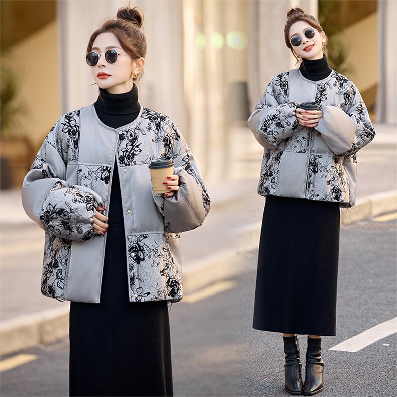 新中式g风提花拼接保暖羽绒服女2025冬季新款水墨画宽松加厚外套,女装羽绒服,曼娅璐