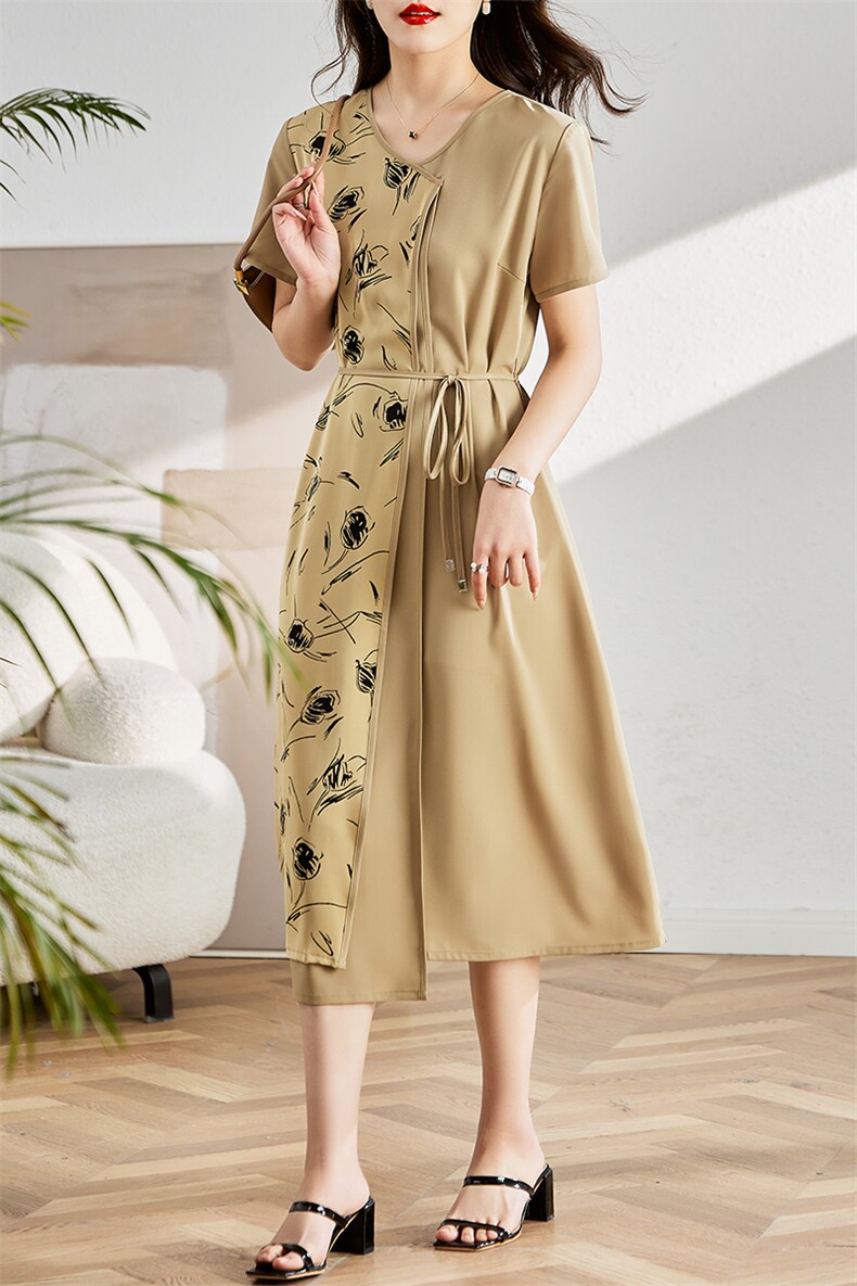 2024年夏季新款系带单件V领印花中长款短袖休闲风仿真丝女装连衣裙,女装连衣裙,初闻兮