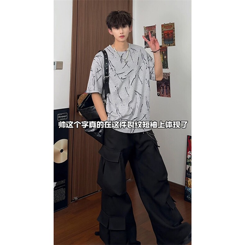 撕裂感破洞点睛潮牌休闲上衣潮流不规则复古短袖T恤HY760TP38控68,男装T恤,电商A102B