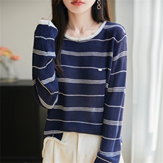 法式撞色条纹长袖针织衫女2025新款洋气内搭打底衫保暖毛衣上衣潮，女装针织衫/毛衣，菲奥羊绒