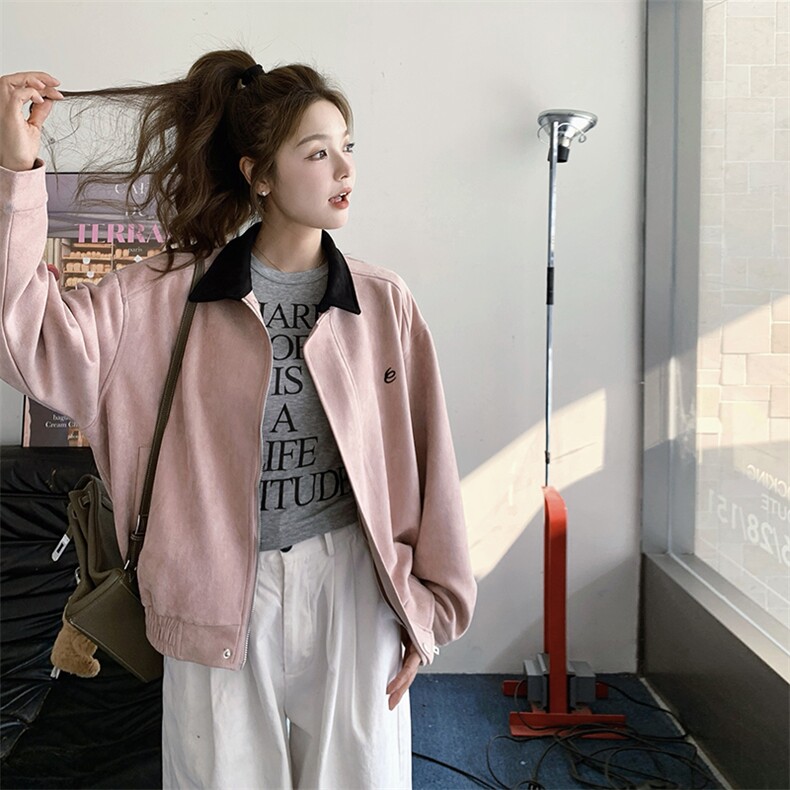 粉色撞色翻领外套女2025秋季新款韩系氛围感超好看小个子甜酷夹克,女装短外套,2C201