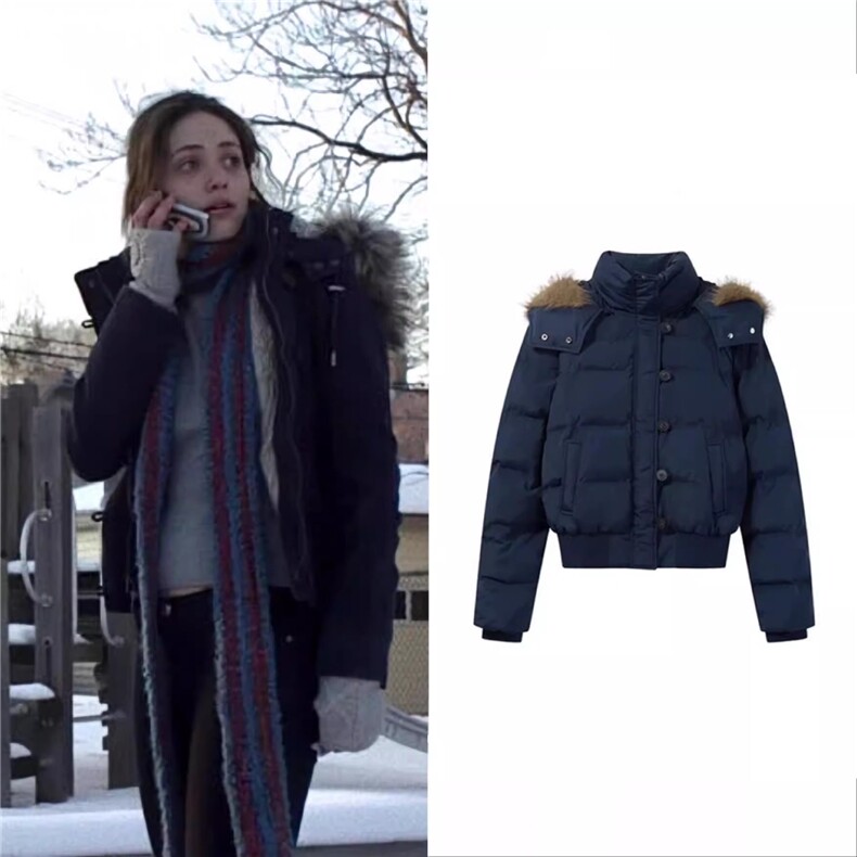 南区菲奥娜藏青大毛领羽绒棉服女2025冬季新款短款小个子棉衣棉袄图片