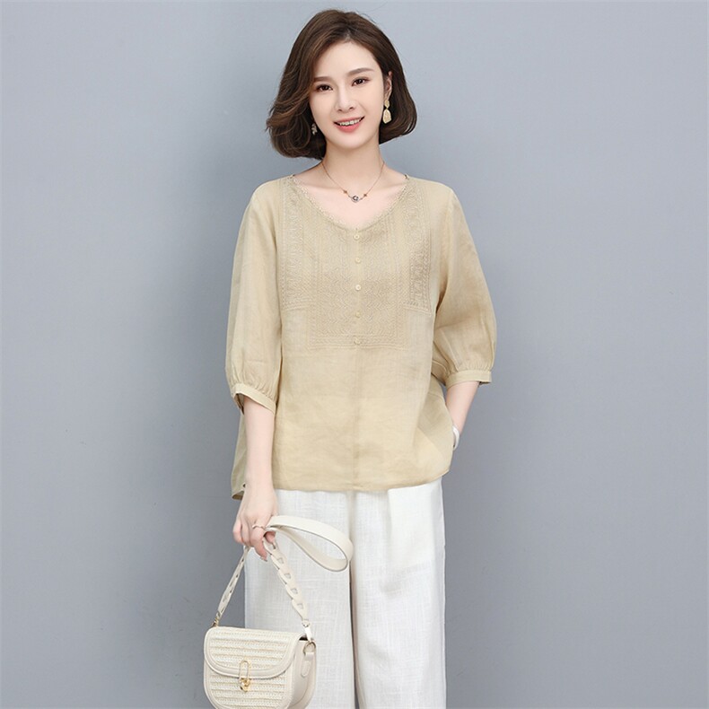2023夏季纯苎麻刺绣简约气质方领宽松时尚休闲显瘦舒适上衣,女装衬衫,独衣靓