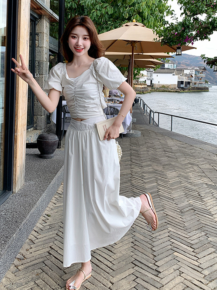 白色时尚甜美压褶设计上衣套装裙女2025夏季新款优雅半身裙两件套,女装套装/套裙,浙宝220