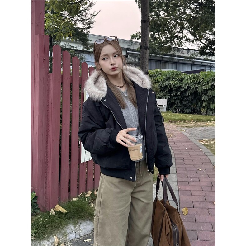 美式复古毛领派克服cleanfit短款棉服男女冬季加厚情侣连帽外套潮,男装棉衣,星座506A