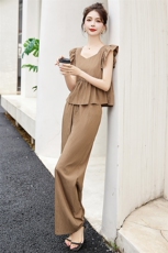 时尚休闲洋气短袖上衣套装女2025年夏季新款薄款透气阔腿裤两件套，女装套装/套裙，涵墨