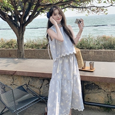 2025夏季新款韩系甜美气质条纹刺绣花边显瘦时尚背心半身裙两件套，女装套装/套裙，2C159