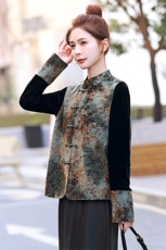 新中式撞色丝绒长袖T恤女春秋设计小众拼接提花打底复古气质上衣，女装T恤，雪樱依海