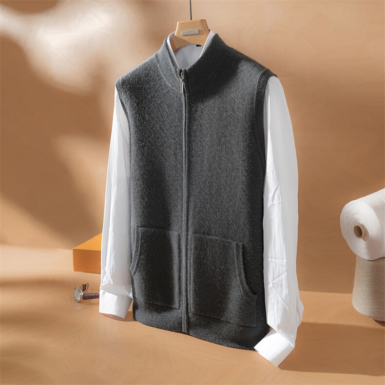 2025年秋季新款百搭男士空气层加厚半高拉链马甲，男装羊绒套衫，九爵羊绒