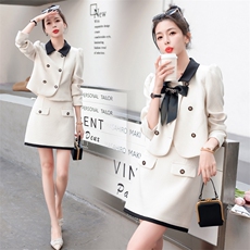 2023新款秋装小香风套装法式复古风半身裙撞色蝴蝶结上衣两件套，女装套装/套裙，卡杰菲