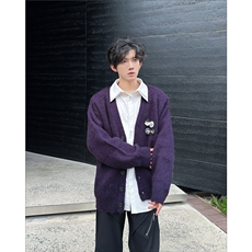 百搭V领针织开衫男女秋冬新款胸针宽松慵懒风毛衣外套MY9802，男装针织衫/毛衣，星座516A