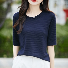 夏季新款简约时尚百搭女士天丝圆领几何肌理短袖，女装T恤，暖烁羊绒
