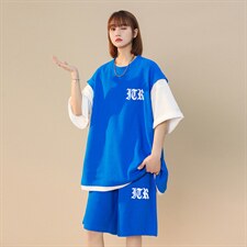 中性风2023夏季设计感小众华夫格字母休闲套装TZ621P75控98，女装运动套装，A247A