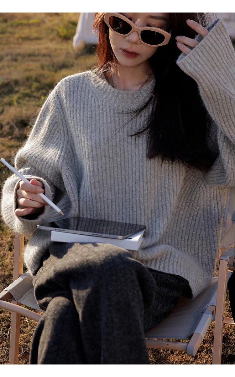 秋冬新款坑条货高端宽松慵懒风加厚毛衣高级感,针织衫/毛衣,半城羊绒