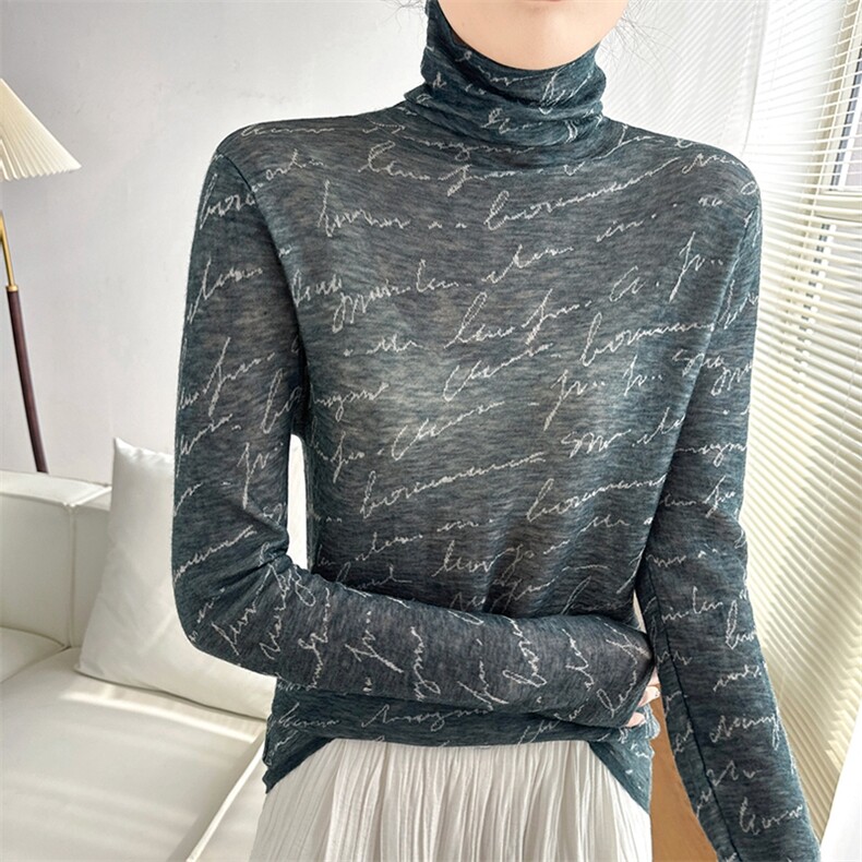 2025春季新款堆堆领长袖纯羊毛打底衫女休闲减龄字母印花软糯小衫,女装羊毛衫,诚赞羊绒