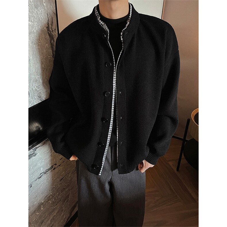 MY608-P70直播搞品质现货秋冬季假两件格子拼接针织开衫外套男,男装针织衫/毛衣,电商A058-1（原电商C417）