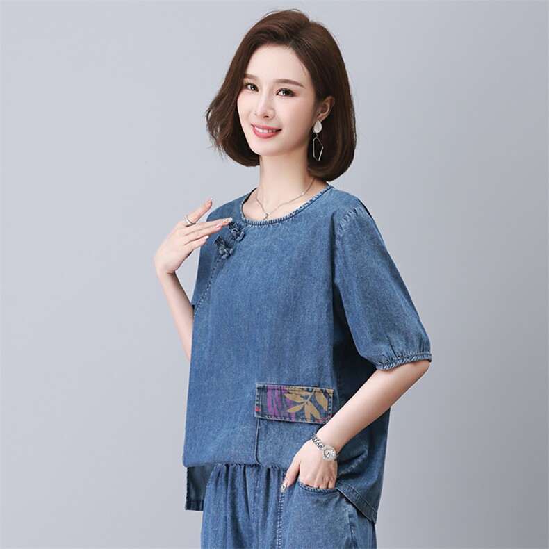 时尚宽松牛仔短袖衬衫印花拼接设计舒适百搭款,女装衬衫,叶笙衣