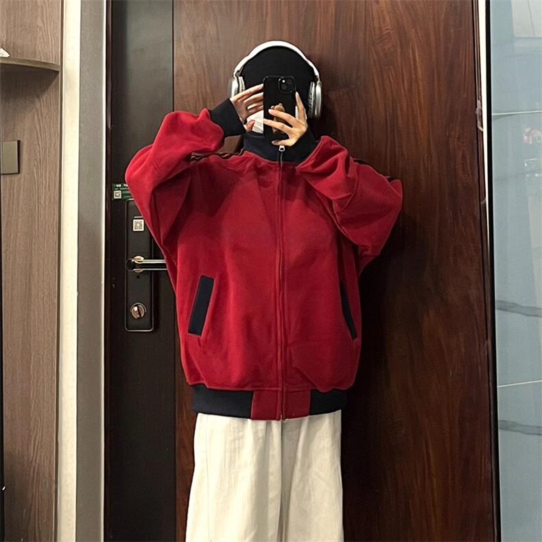 抖音得物高品质美式高街重磅结构设计拼接织带立领卫衣外套CM42,女装短外套,电商A486-1
