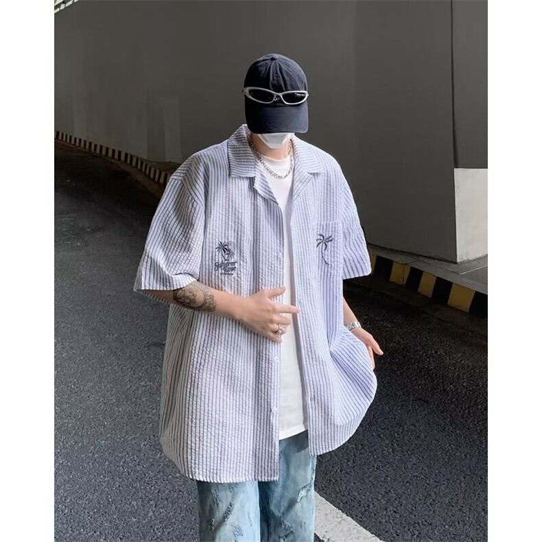 复古竖条纹针织短袖衬衣男2024夏季潮流宽松半袖衬衫休闲图片